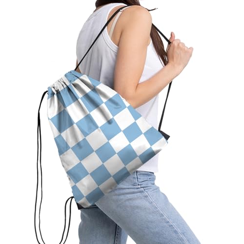 Waterproof Drawstring Backpack for Sports - Blue Checkered