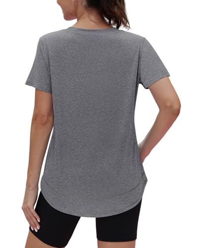 Womens Short Sleeve Workout Top - Sun Protection UPF 50+ - Grey, Large