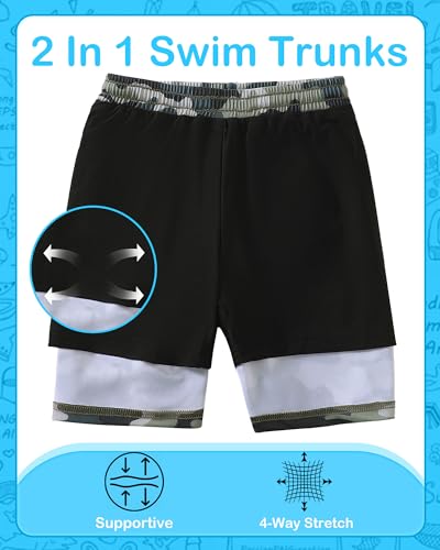 Kids' Camo Swim Trunks with Compression Liner 10-12 Years Boys Swimwear