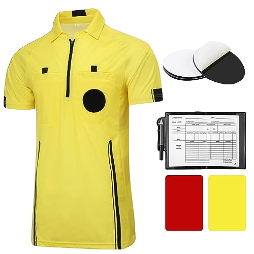 Soccer Referee Shirt Jersey - Short Sleeve Uniform with Wallet, Cards - Yellow, Medium