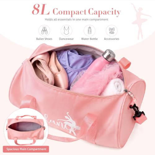 KUIRAN Pink Small Dance Bag 8L Duffle Tote with Shoulder Strap for Ballet, Gym, Travel