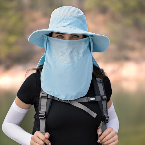 Wide Brim Fishing Hat for Men & Women - Blue with Face Cover & Neck Flap - UPF 50+