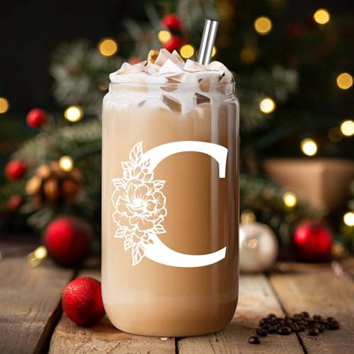 Coolife Monogrammed Glass Tumbler C - 16oz Personalized Coffee Cup with Lid, Gift for Women