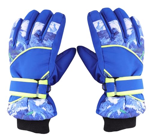 Kids Winter Snow Gloves - Windproof Cold Weather Ski Mittens, Blue, 4-7 Years