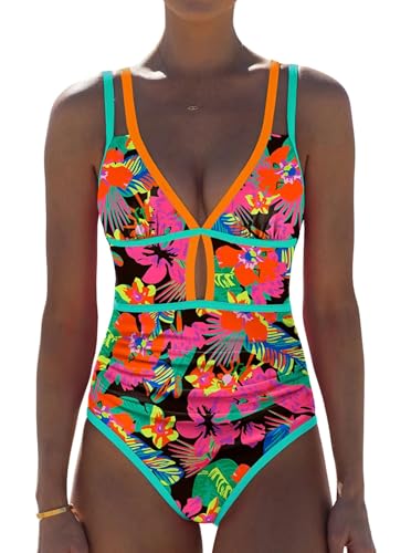 POPVIL Neon Tummy Control One-Piece Swimsuit for Women - Orange Leopard, 2026