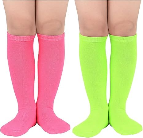 Kids Soccer Socks - 2 Pack Cotton Knee High Socks 6-9 Years - Neon Green & Hot Pink