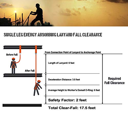 6-Foot Shock Absorber Stretchable Safety Lanyard with Double Snap Hook Connectors ANSI Z359.13-2013 Compliant Fall Protection Equipment