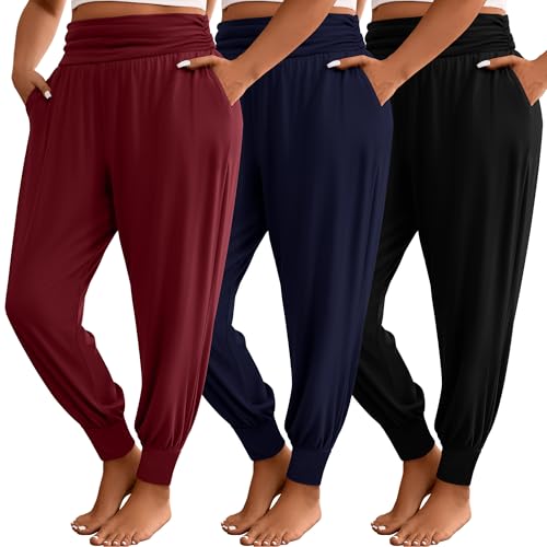 Evervibe 3-Pack Women's Plus Size Sweatpants Yoga Pants Black Navy Wine 4X-Large