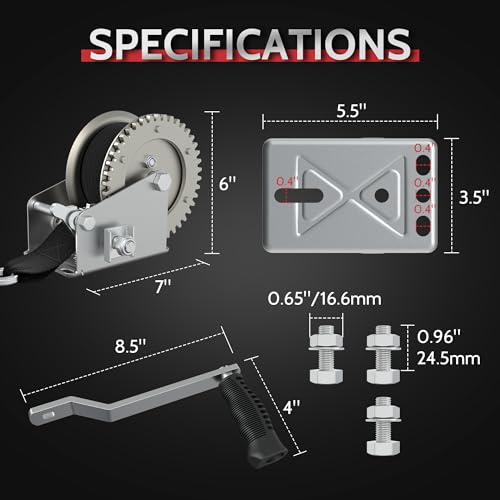 1600 Lb Boat Trailer Winch, 4:1 Gear, 26ft Polyester Strap, Hand Crank