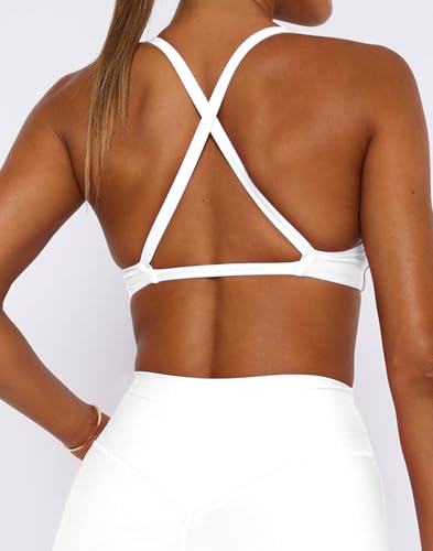 Dressmine Women's White Medium V-Neck Sports Bra with Criss Cross Back and Strappy Twist Crop Top