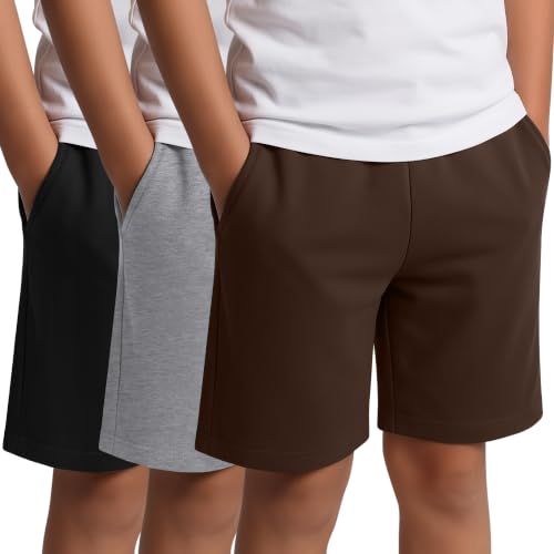 Boys Athletic Shorts - 3 Pack, Ages 6-7, Dark Coffee, Gray, Black