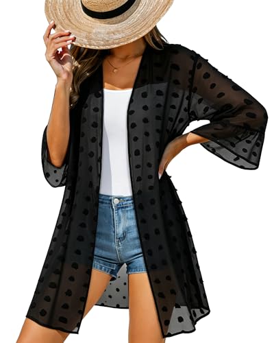 Women’s Summer Kimono Cardigan Beach Cover Up with Puff Sleeves