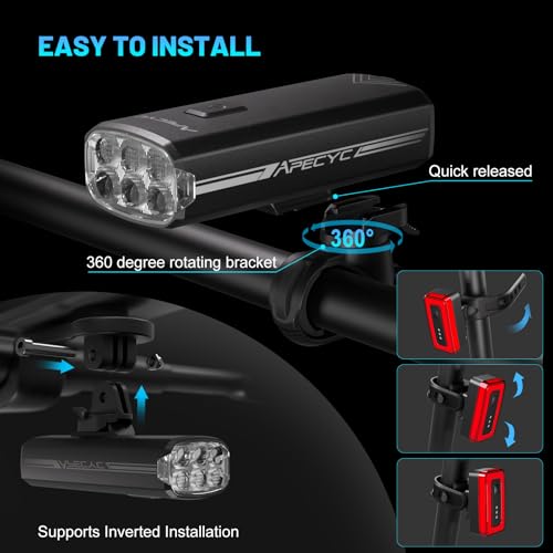 APECYC Rechargeable Bicycle Front & Rear Lights Set - 4+5 Mode Waterproof Bike Lights, 18000-1Pack