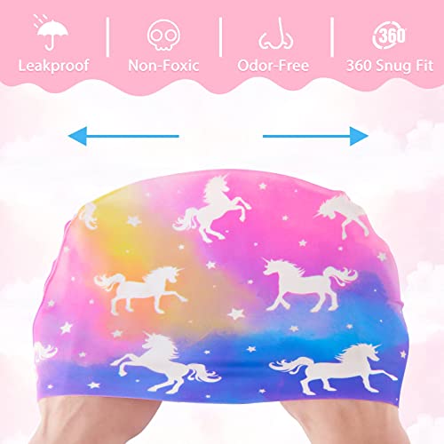WAWSAM Unicorn Mermaid Kids Swim Cap 2 Pack Silicone 3-8 Years – Long & Short Hair