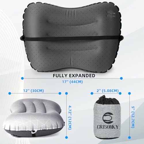 Crisonky Light Grey Inflatable Camping Pillow - Ultralight Travel & Lumbar Support