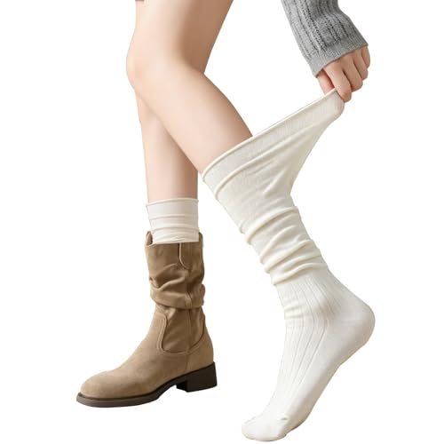 Thigh High Socks for Women - Scrunch Stockings Over Knee - White Short