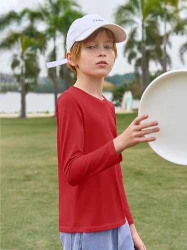 Boys Long Sleeve Athletic T-Shirt - Dry Fit V-Neck, Red, 7-8 Years