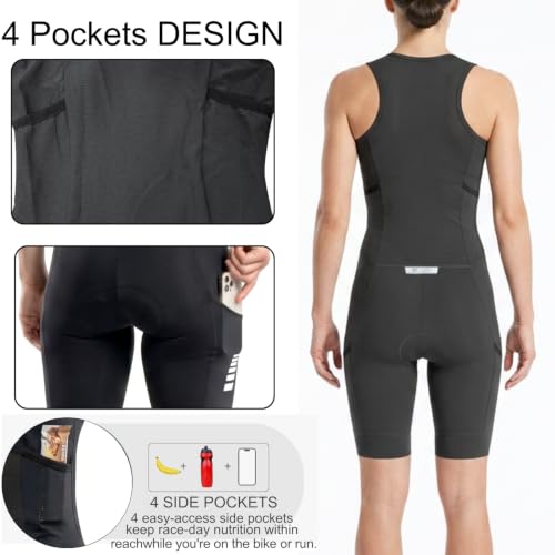 Women's Sleeveless Triathlon Suit - Padded Quick-Dry Skinsuit with 4 Pockets