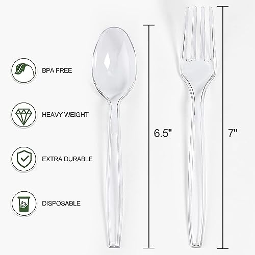 VITEVER 400 Count Heavy Duty Clear Plastic Forks and Spoons Set Bulk - Disposable Cutlery for Parties