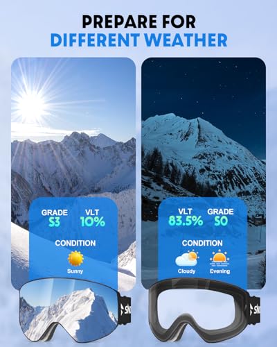 Ski Goggles with UV400 Anti-Fog Magnetic Lenses - Silver + Clear