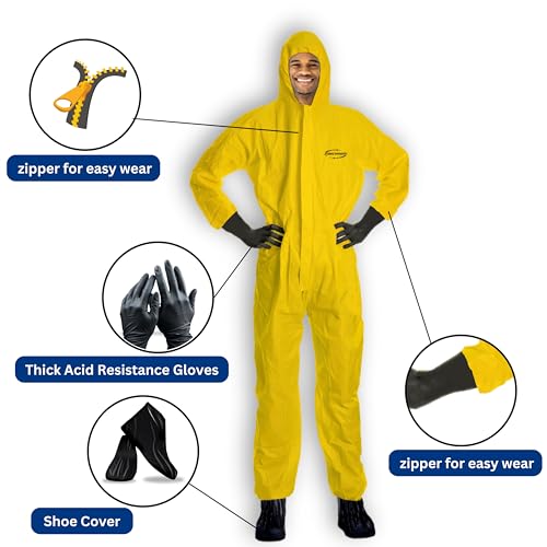 Yellow Coverall Chemical Suit With Reusable Acid Resistant Gloves And Plastic Waterproof Shoe Cover