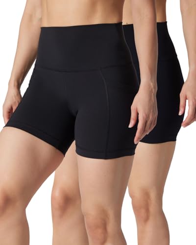 Yogalicious High Waist Biker Shorts 5” & 7” Squat Proof Workout Yoga Shorts - 2 Pack, Medium, Black with Pockets