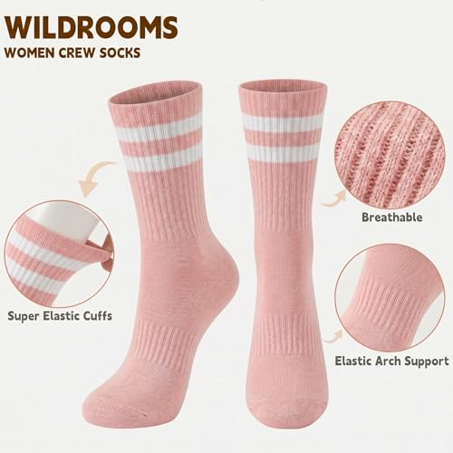 WILDROOMS Women Crew Socks 4 Pairs Cotton Striped (Size 5-10) - Purple Pink Blue Green