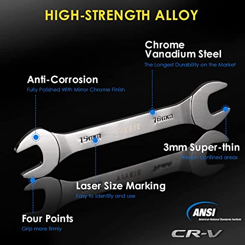 YIYEIE 18Pcs Ultra-Slim Open-End Wrench Set, 3mm Thin Metric & SAE