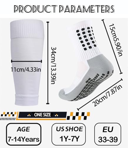 Kids Grip Soccer Socks and Shin Guard Sleeves - White, Age 7-14