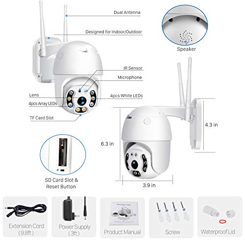 Pan Tilt Outdoor Security Camera, 1080P Home WiFi IP Camera, Pan Tilt Dome Surveillance Cam, Two Way Audio Motion Detection Clear Night Vision Onvif Waterproof CCTV Camera Support Max 128G SD