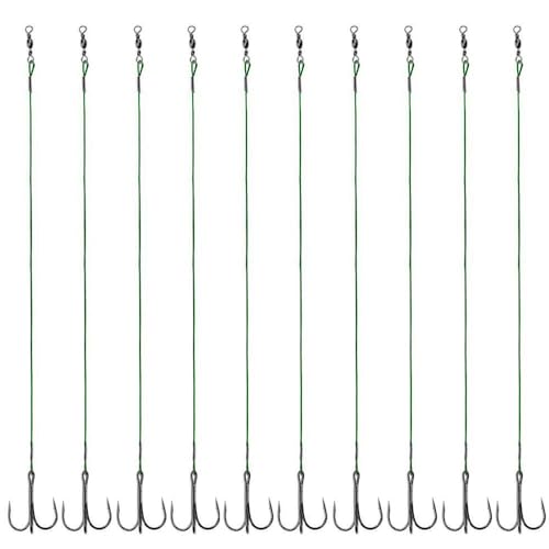 Fishing Treble Hook Rigs with Nylon Coated Leader - Green Leader / 6# (10pcs)