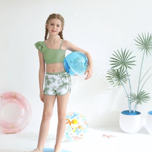 Girls 3-Piece Ruffled Bikini Swimwear Set with Shorts - 15-16 Years Light Green