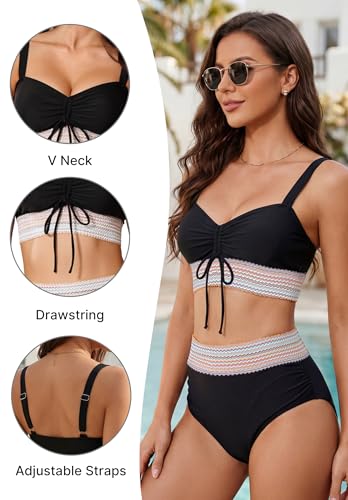 High Waisted Bikini Set - Color Block Tummy Control - Black, Large