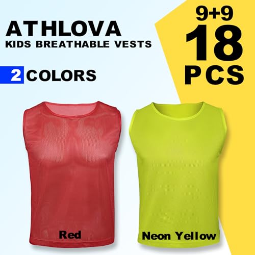 Kids Youth Breathable Mesh Soccer Pinnies & Vests - Red & Neon Yellow, Ages 5-10, 18 Pack