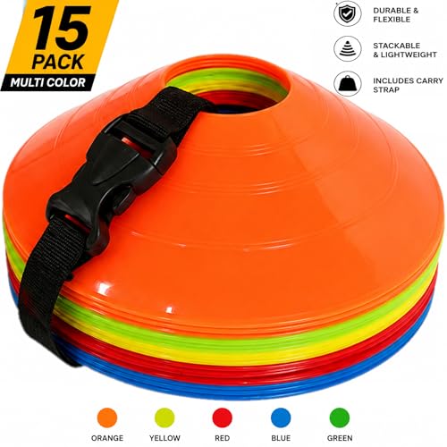 Agility Soccer Cones Set of 15 - Multi Colors with Mesh Bag