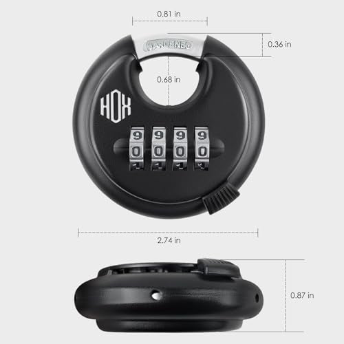 HOX Combination Lock, 4 Digit Disc Padlock with 3/8 Inch Hardened Steel Shackle, 2-3/4 Inch Zinc Alloy Wide Body, Keyless Heavy Duty Combo Lock for Hasp Latch, Sheds, Fences, Storage Locker (4 Pack)