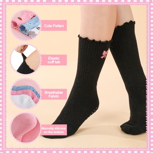 Cute Non-Slip Pilates Grippy Socks for Women - 4 Pairs, Black+White+Blue+Pink