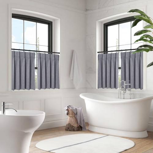WdFour 24x24 Inch Blackout Linen Look Window Curtains - Dark Gray Pack of 2