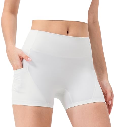 High Waisted Biker Shorts for Women with Pockets - White, Large