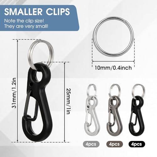 12-Piece Mini Carabiner Clips - 1-Inch Zinc Alloy Spring Hooks - 3 Colors