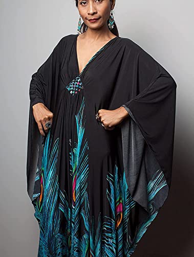 Venasha Peacock Floral Print Caftan Dress - Short Sleeve Swimsuit Cover-Up for Summer