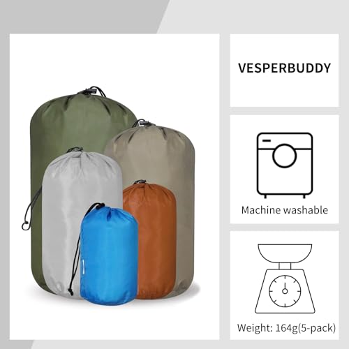 VESPERBUDDY 5-Pack Ultralight Drawstring Storage Bags for Camping & Travel, Multiple Sizes