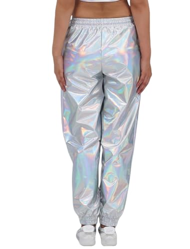 ABEHIK Large Silver Women's Wide Leg Metallic Sparkle Cargo Pants High Waist Joggers
