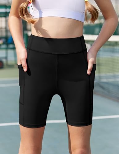 High Waisted Girls Bike Shorts with Pockets - Black, 11-12 Years