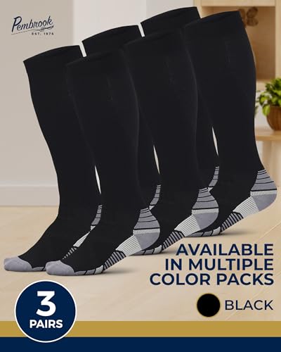 Large Black Pembrook 3 Pairs Compression Socks 20-30 mmHg for Running, Travel, Nurses