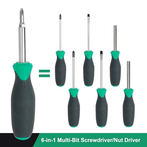 6-in-1 Multi-Bit Screwdriver and Nut Driver Tool with Grip Handle
