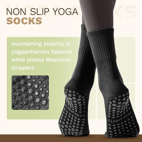 Non-Slip Grip Pilates Socks for Women - 3 Pairs, Black, White, Camel