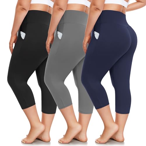 FULLSOFT Plus Size Capri Leggings with Pockets for Women 3X-Large Black Grey Navy Blue