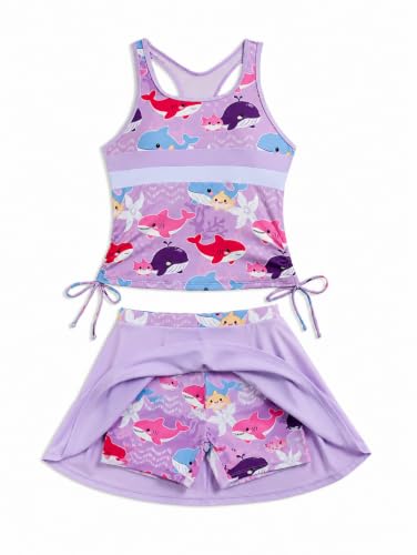 Girls' 2-Piece Tankini Swimsuit with Skirt - Purple Fish, 13-14 Years