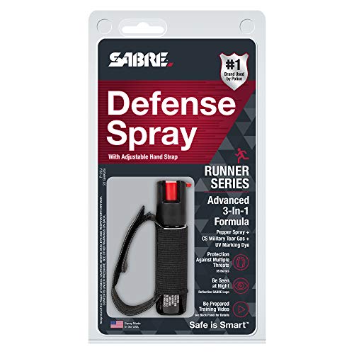 SABRE Runner Defense Spray, 3-in-1 Formula Contains Pepper Spray, CS Military Tear Gas & UV Marking Dye, Max Strength, Reflective Hand Strap, 4X longer spray time, Secure & Easy to Use Safety